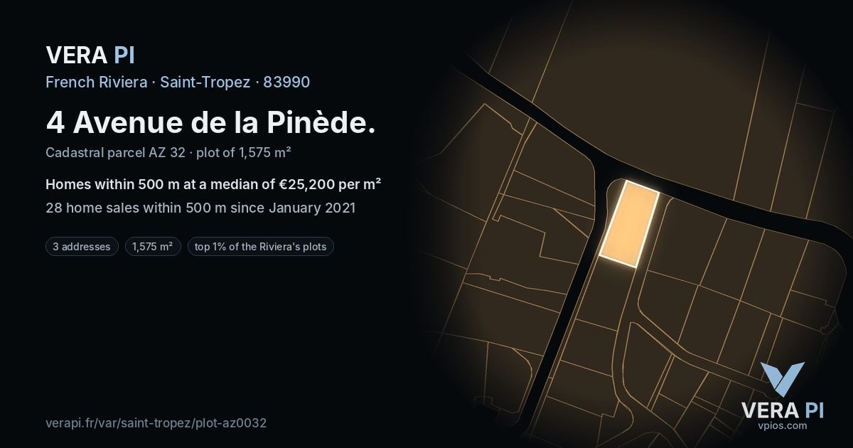 4 Avenue de la Pinède, Saint-Tropez at night – the plot lit, the parcels around coloured by the prices near them