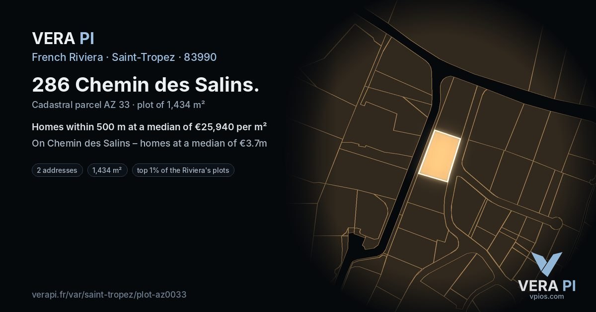 286 Chemin des Salins, Saint-Tropez at night – the plot lit, the parcels around coloured by the prices near them