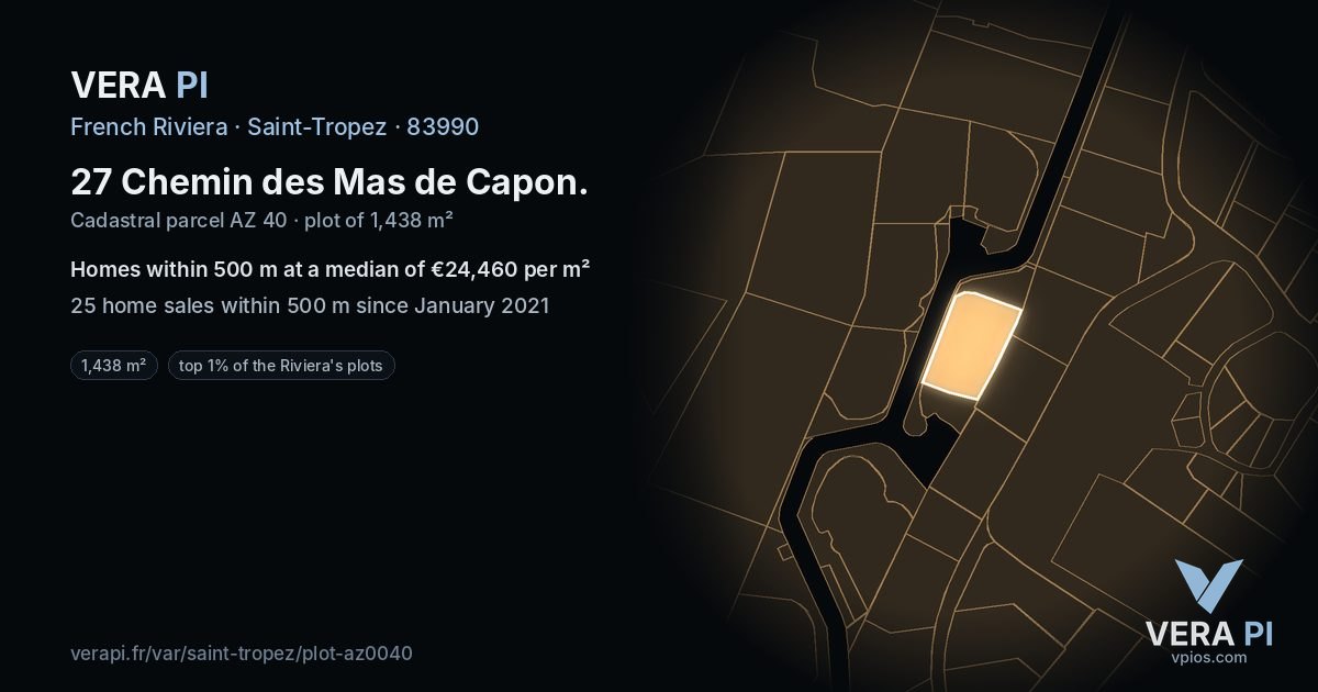 27 Chemin des Mas de Capon, Saint-Tropez at night – the plot lit, the parcels around coloured by the prices near them