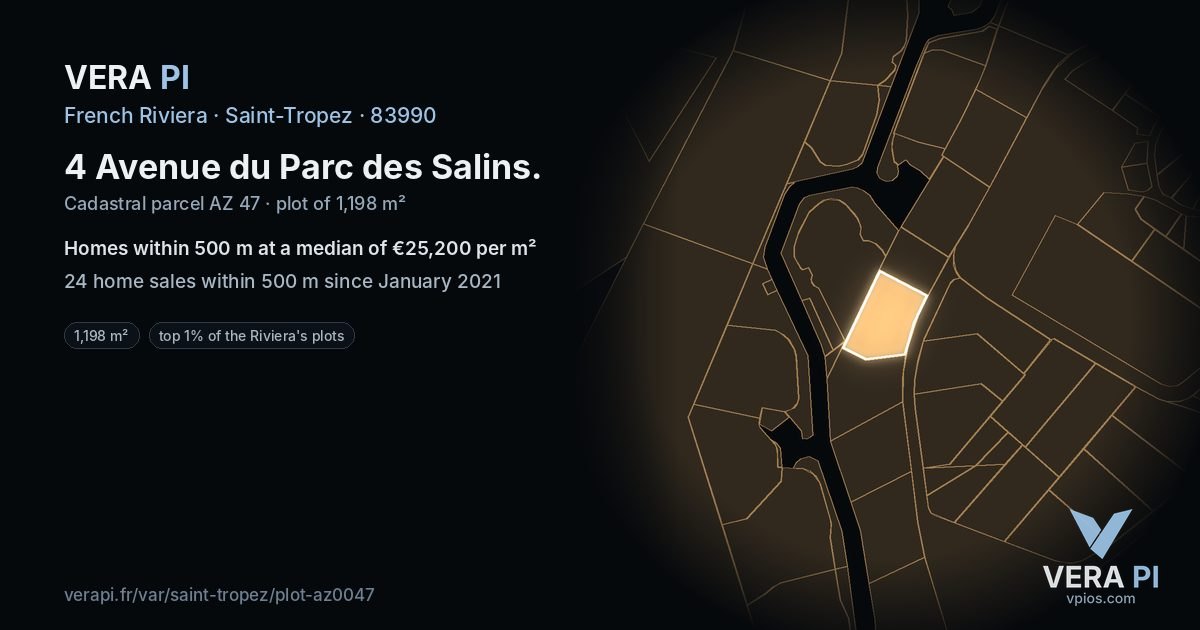 4 Avenue du Parc des Salins, Saint-Tropez at night – the plot lit, the parcels around coloured by the prices near them