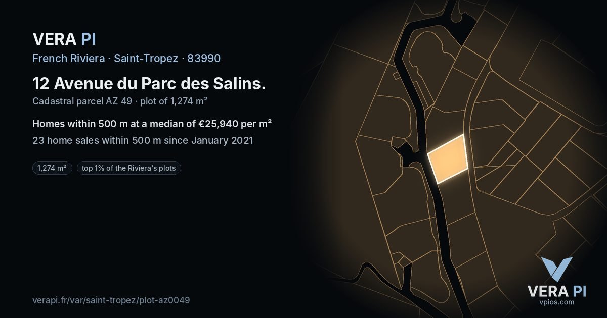 12 Avenue du Parc des Salins, Saint-Tropez at night – the plot lit, the parcels around coloured by the prices near them
