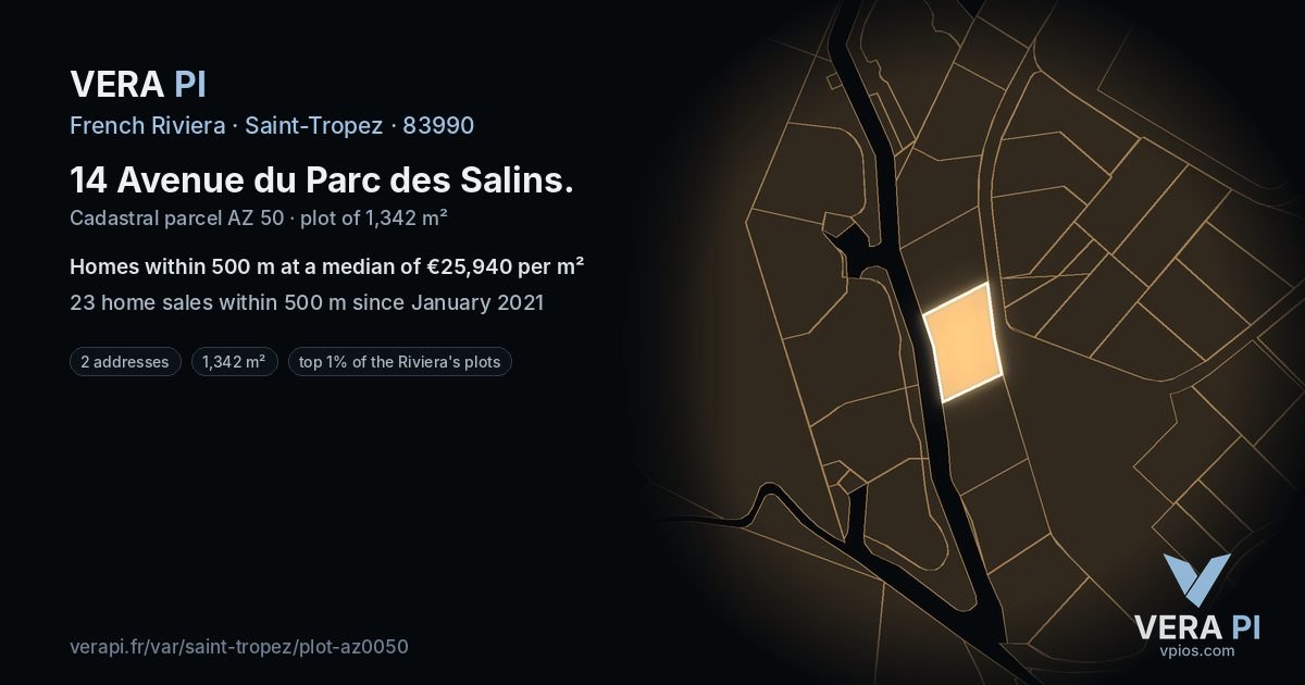14 Avenue du Parc des Salins, Saint-Tropez at night – the plot lit, the parcels around coloured by the prices near them