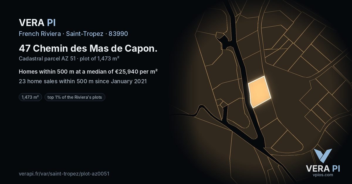 47 Chemin des Mas de Capon, Saint-Tropez at night – the plot lit, the parcels around coloured by the prices near them