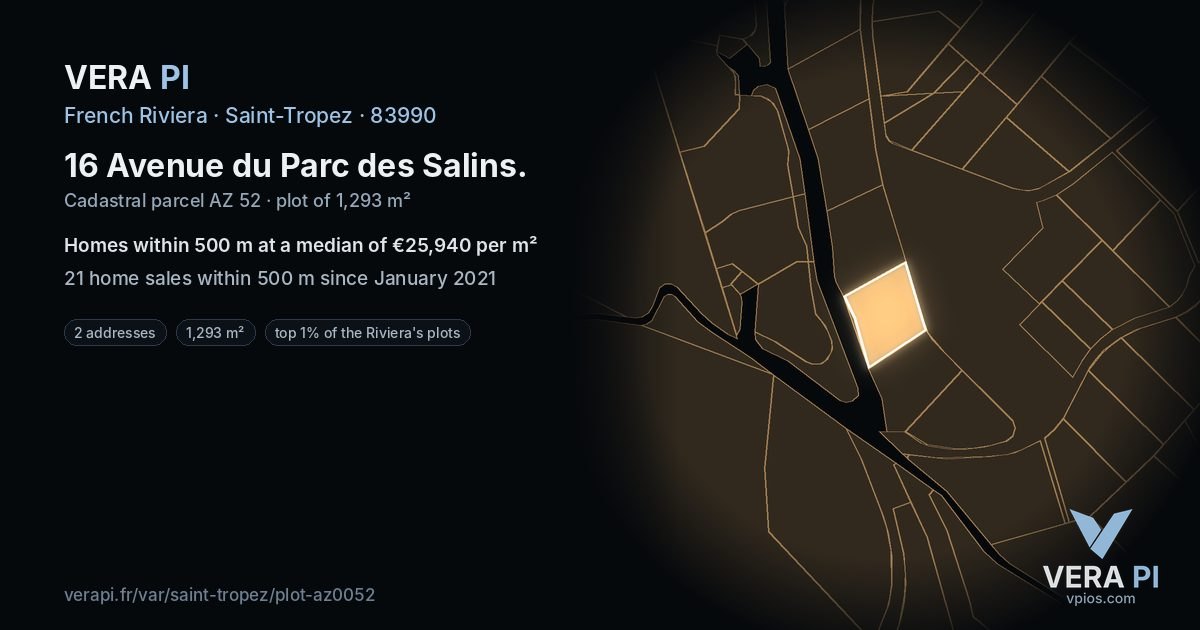 16 Avenue du Parc des Salins, Saint-Tropez at night – the plot lit, the parcels around coloured by the prices near them