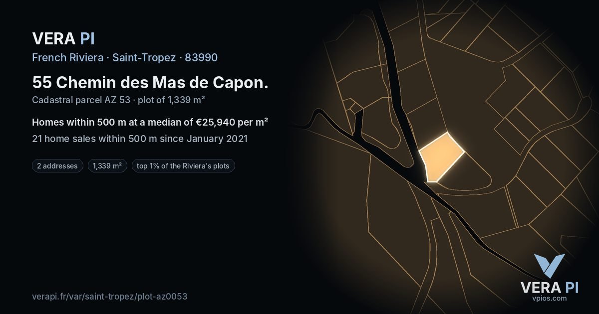 55 Chemin des Mas de Capon, Saint-Tropez at night – the plot lit, the parcels around coloured by the prices near them