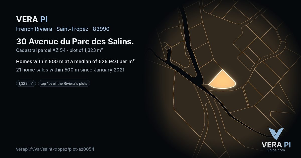 30 Avenue du Parc des Salins, Saint-Tropez at night – the plot lit, the parcels around coloured by the prices near them