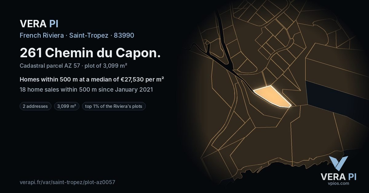 261 Chemin du Capon, Saint-Tropez at night – the plot lit, the parcels around coloured by the prices near them