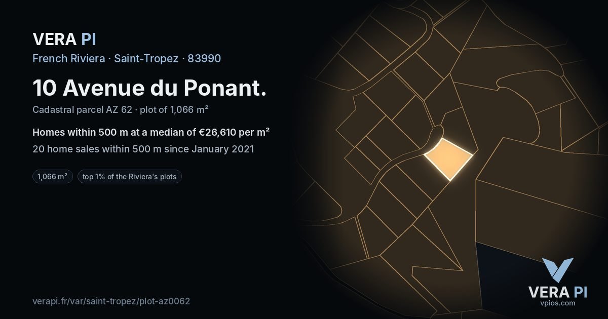 10 Avenue du Ponant, Saint-Tropez at night – the plot lit, the parcels around coloured by the prices near them