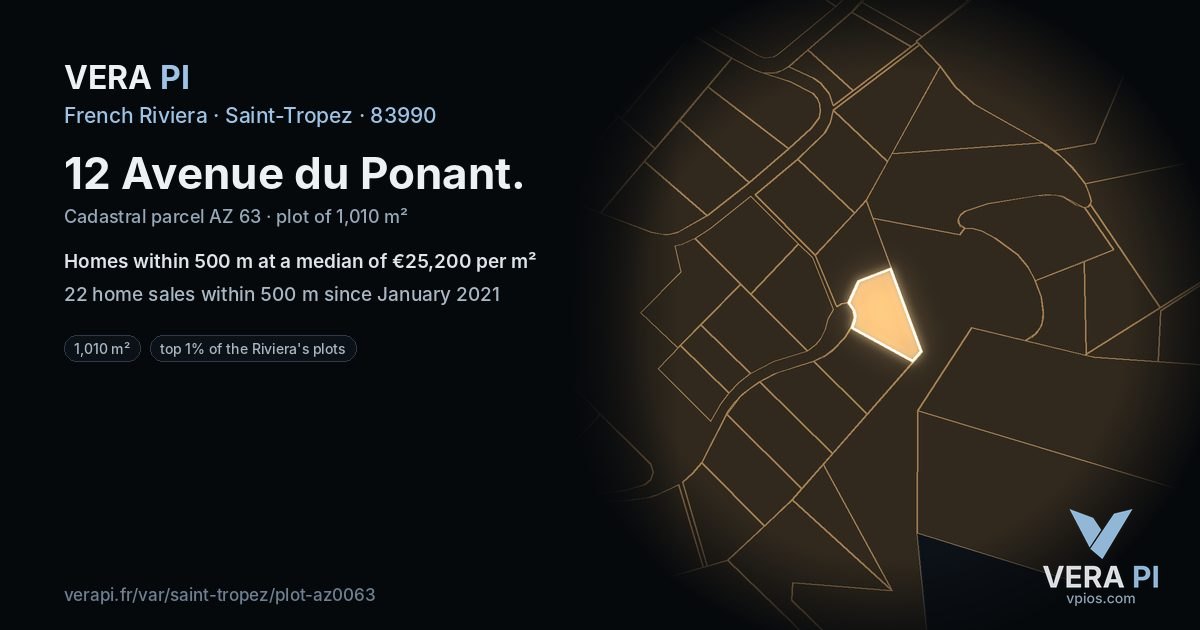 12 Avenue du Ponant, Saint-Tropez at night – the plot lit, the parcels around coloured by the prices near them