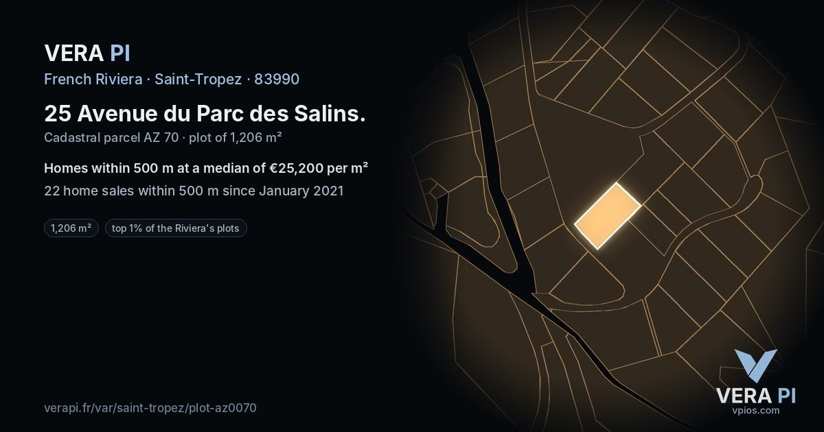 25 Avenue du Parc des Salins, Saint-Tropez at night – the plot lit, the parcels around coloured by the prices near them