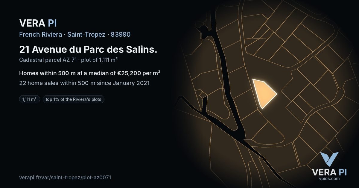 21 Avenue du Parc des Salins, Saint-Tropez at night – the plot lit, the parcels around coloured by the prices near them