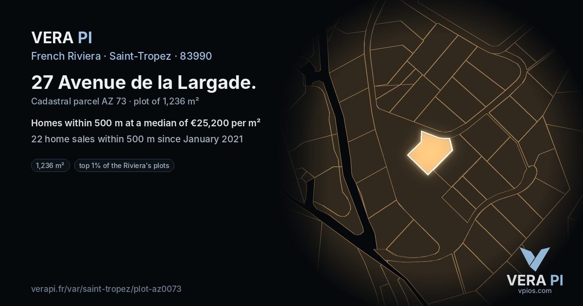 27 Avenue de la Largade, Saint-Tropez at night – the plot lit, the parcels around coloured by the prices near them