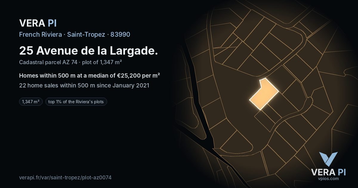 25 Avenue de la Largade, Saint-Tropez at night – the plot lit, the parcels around coloured by the prices near them