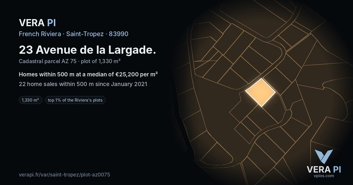 23 Avenue de la Largade, Saint-Tropez at night – the plot lit, the parcels around coloured by the prices near them