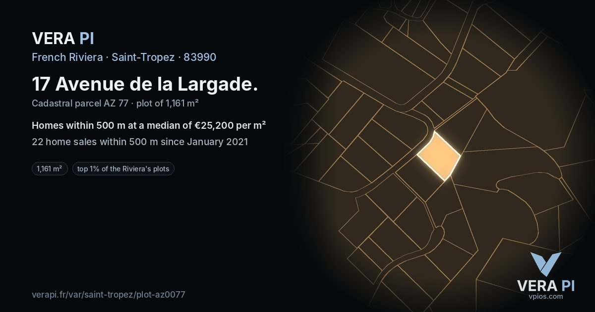 17 Avenue de la Largade, Saint-Tropez at night – the plot lit, the parcels around coloured by the prices near them