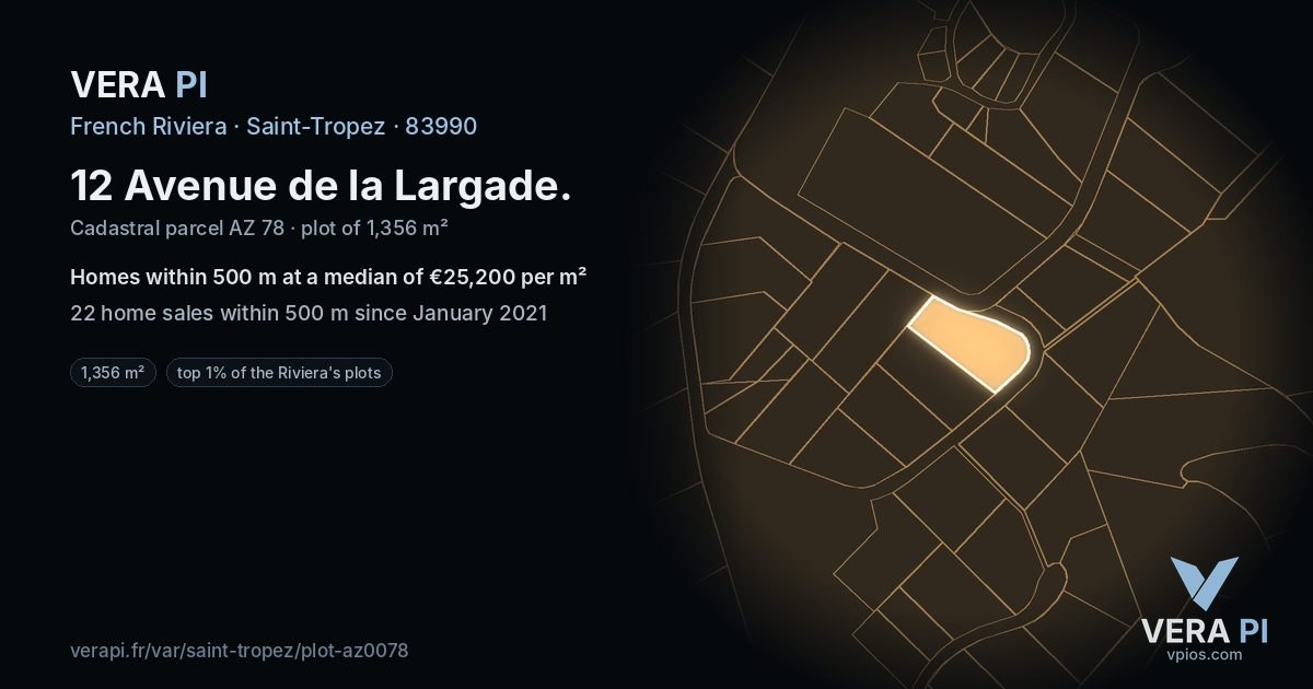 12 Avenue de la Largade, Saint-Tropez at night – the plot lit, the parcels around coloured by the prices near them