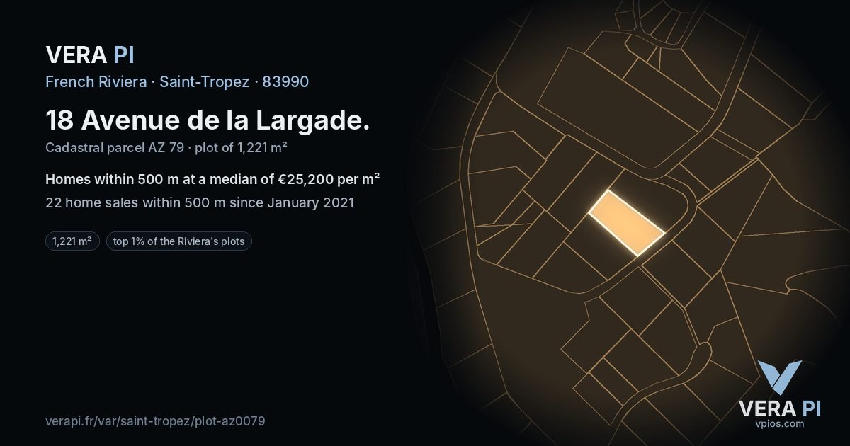 18 Avenue de la Largade, Saint-Tropez at night – the plot lit, the parcels around coloured by the prices near them