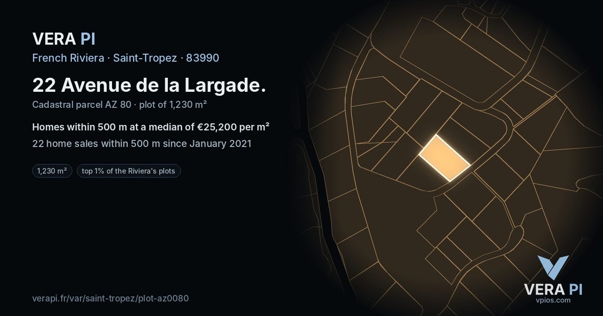 22 Avenue de la Largade, Saint-Tropez at night – the plot lit, the parcels around coloured by the prices near them