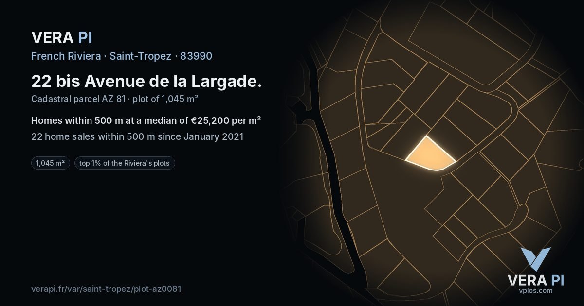 22 bis Avenue de la Largade, Saint-Tropez at night – the plot lit, the parcels around coloured by the prices near them