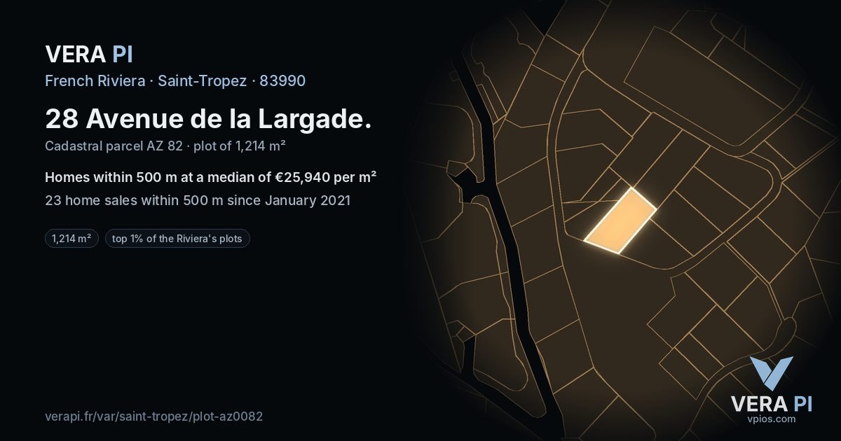 28 Avenue de la Largade, Saint-Tropez at night – the plot lit, the parcels around coloured by the prices near them