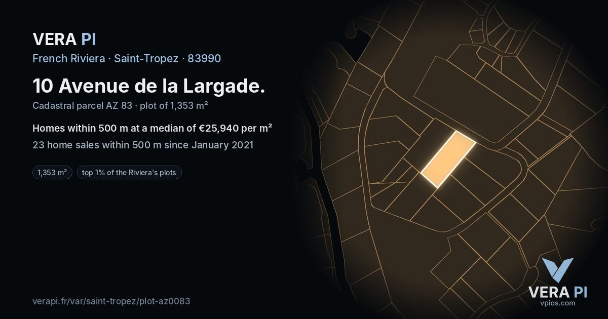 10 Avenue de la Largade, Saint-Tropez at night – the plot lit, the parcels around coloured by the prices near them