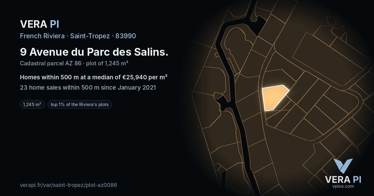 9 Avenue du Parc des Salins, Saint-Tropez at night – the plot lit, the parcels around coloured by the prices near them