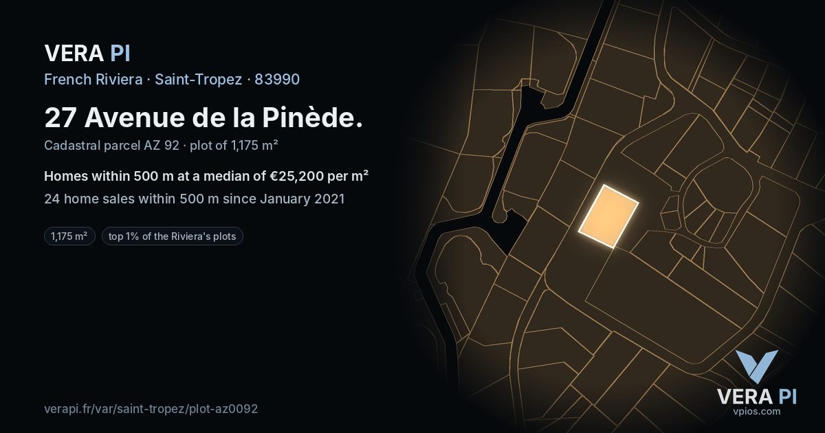 27 Avenue de la Pinède, Saint-Tropez at night – the plot lit, the parcels around coloured by the prices near them