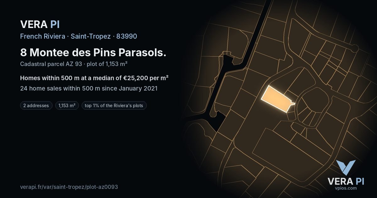8 Montee des Pins Parasols, Saint-Tropez at night – the plot lit, the parcels around coloured by the prices near them