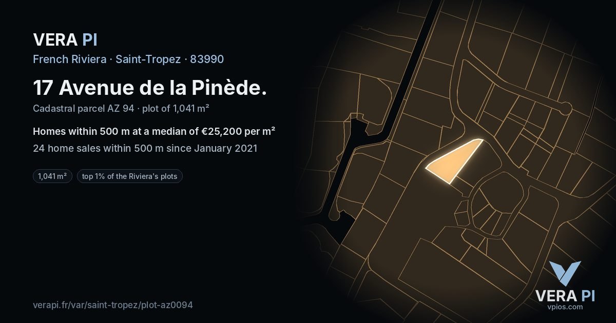 17 Avenue de la Pinède, Saint-Tropez at night – the plot lit, the parcels around coloured by the prices near them