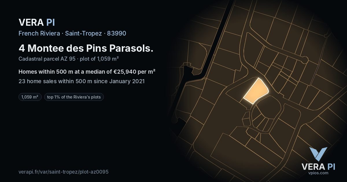 4 Montee des Pins Parasols, Saint-Tropez at night – the plot lit, the parcels around coloured by the prices near them