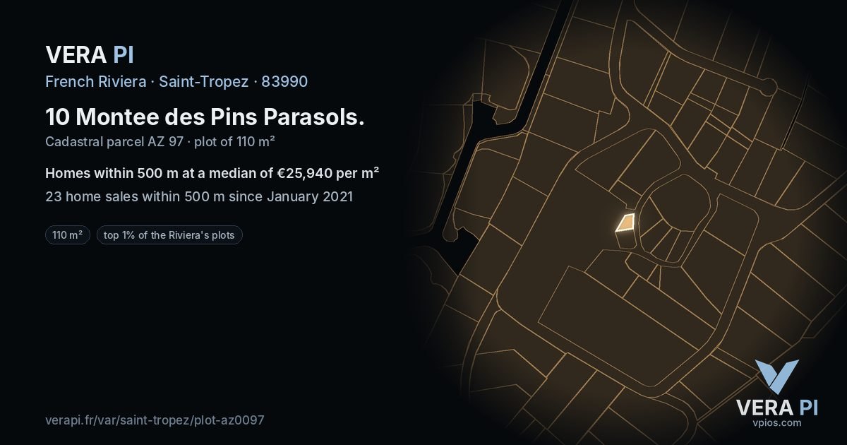 10 Montee des Pins Parasols, Saint-Tropez at night – the plot lit, the parcels around coloured by the prices near them