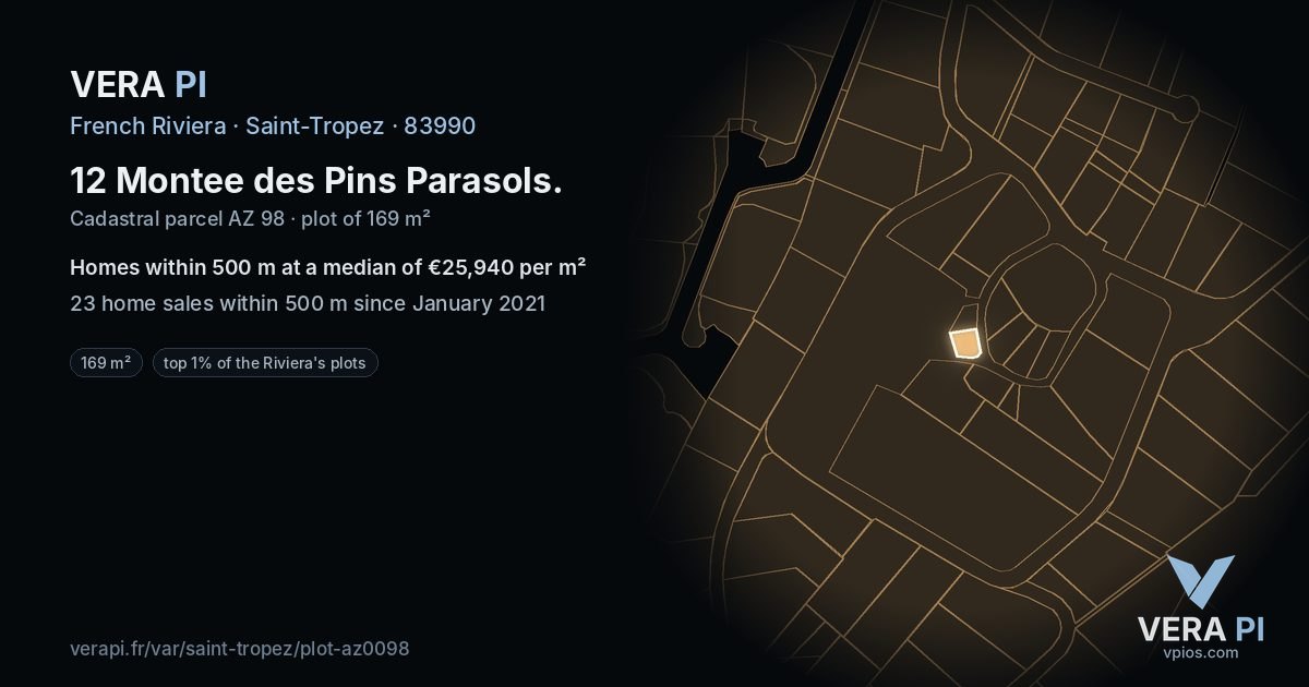 12 Montee des Pins Parasols, Saint-Tropez at night – the plot lit, the parcels around coloured by the prices near them
