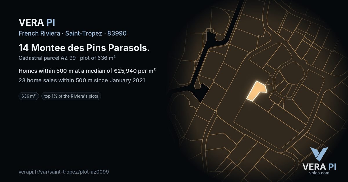 14 Montee des Pins Parasols, Saint-Tropez at night – the plot lit, the parcels around coloured by the prices near them