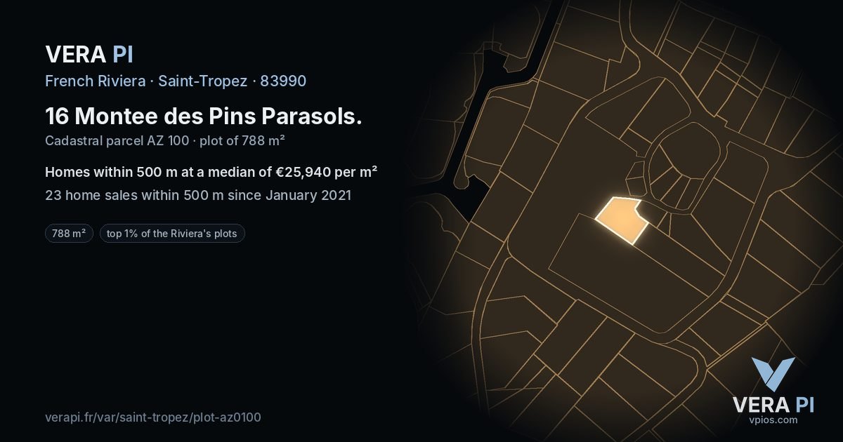 16 Montee des Pins Parasols, Saint-Tropez at night – the plot lit, the parcels around coloured by the prices near them