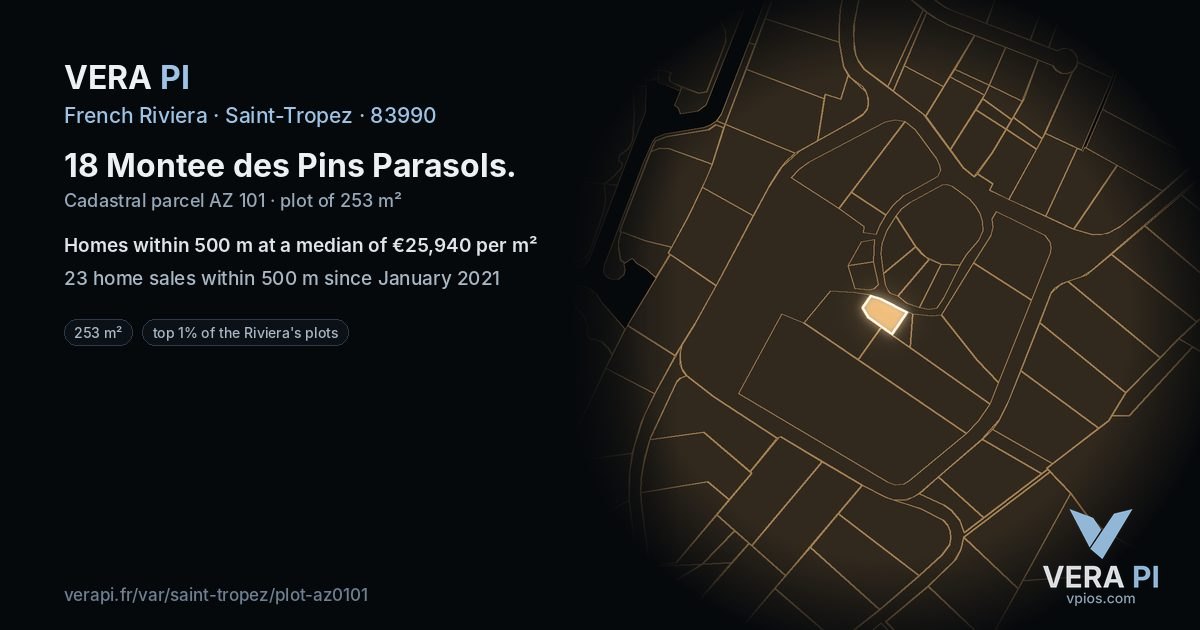 18 Montee des Pins Parasols, Saint-Tropez at night – the plot lit, the parcels around coloured by the prices near them