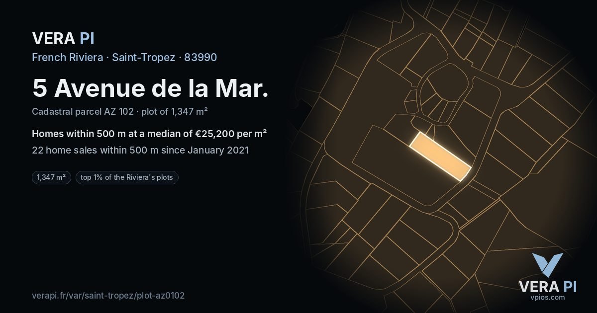 5 Avenue de la Mar, Saint-Tropez at night – the plot lit, the parcels around coloured by the prices near them