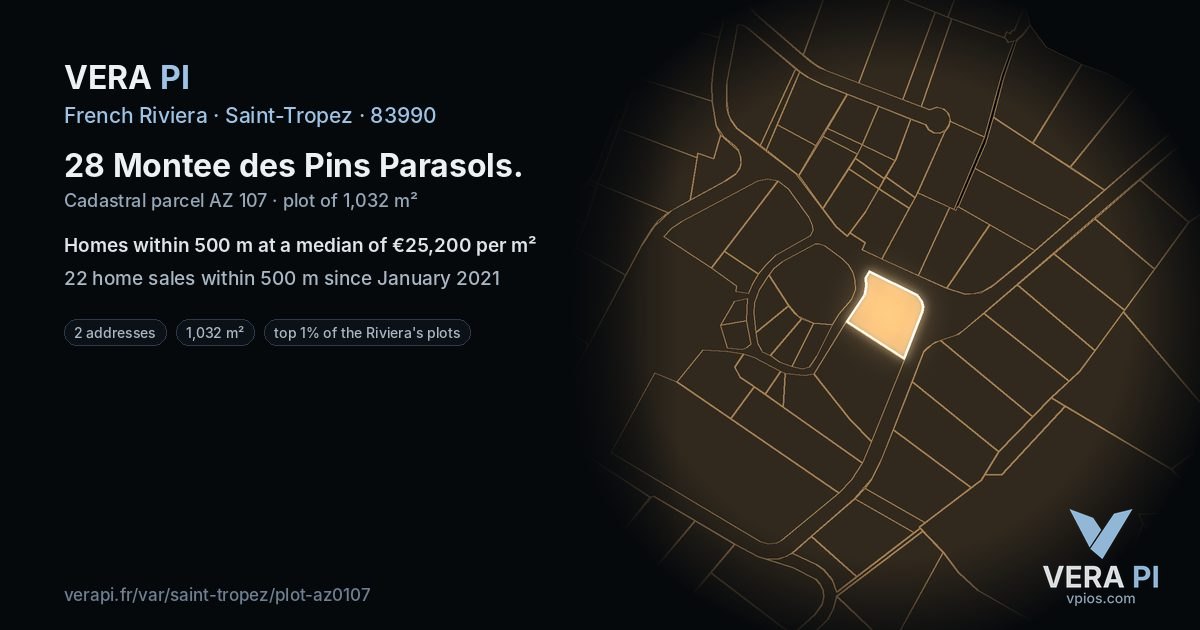 28 Montee des Pins Parasols, Saint-Tropez at night – the plot lit, the parcels around coloured by the prices near them