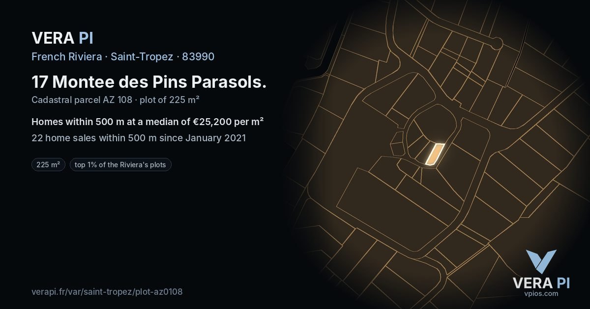 17 Montee des Pins Parasols, Saint-Tropez at night – the plot lit, the parcels around coloured by the prices near them
