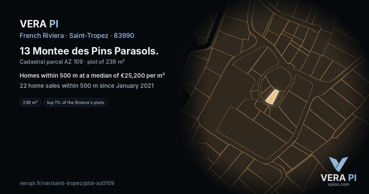 13 Montee des Pins Parasols, Saint-Tropez at night – the plot lit, the parcels around coloured by the prices near them