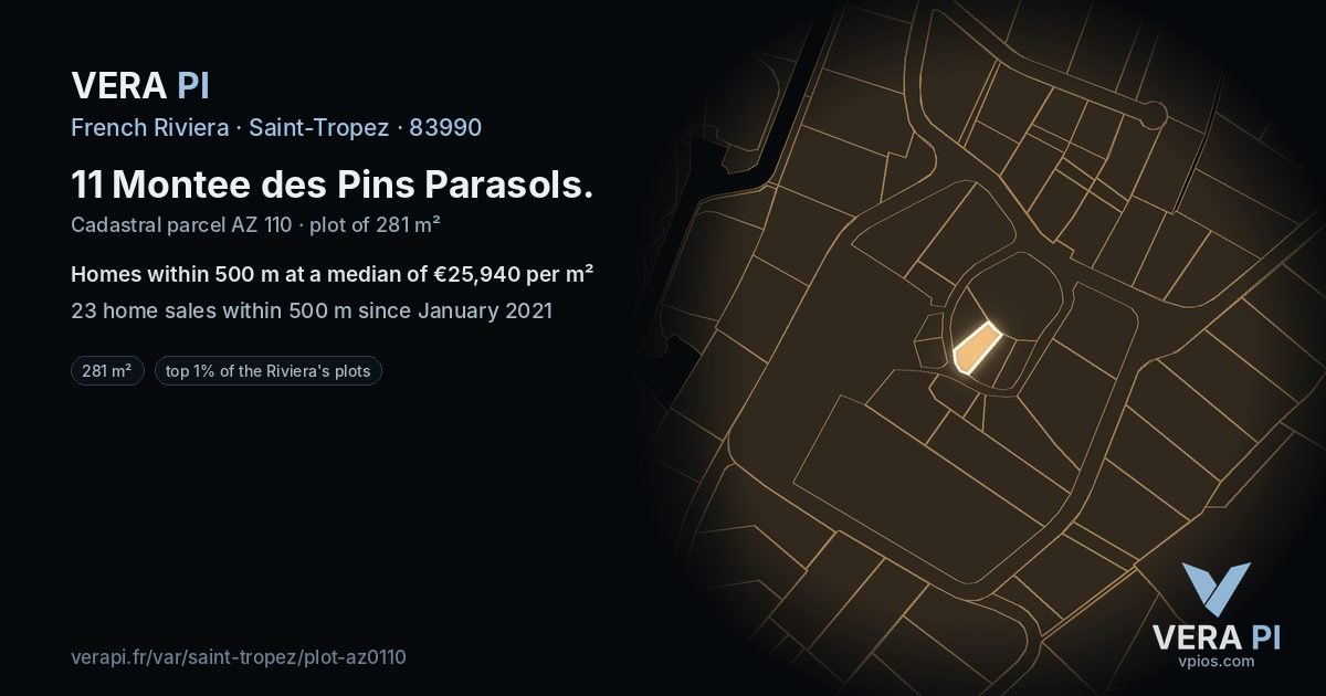 11 Montee des Pins Parasols, Saint-Tropez at night – the plot lit, the parcels around coloured by the prices near them