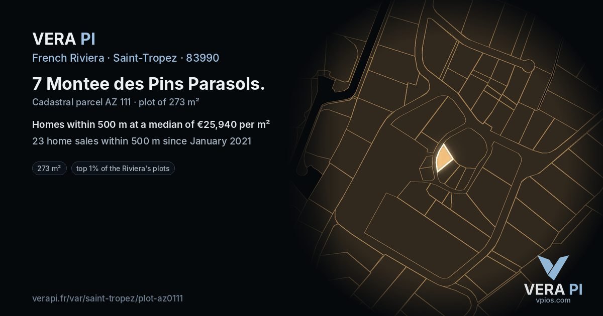 7 Montee des Pins Parasols, Saint-Tropez at night – the plot lit, the parcels around coloured by the prices near them