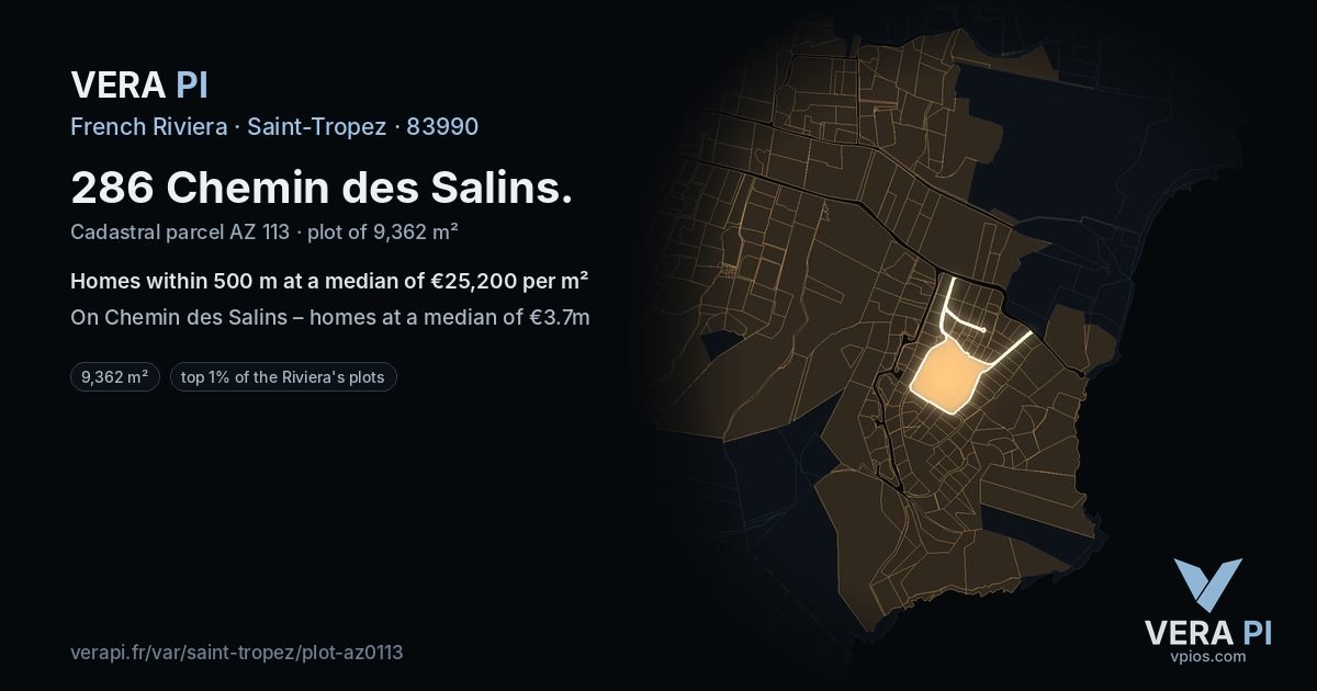 286 Chemin des Salins, Saint-Tropez at night – the plot lit, the parcels around coloured by the prices near them
