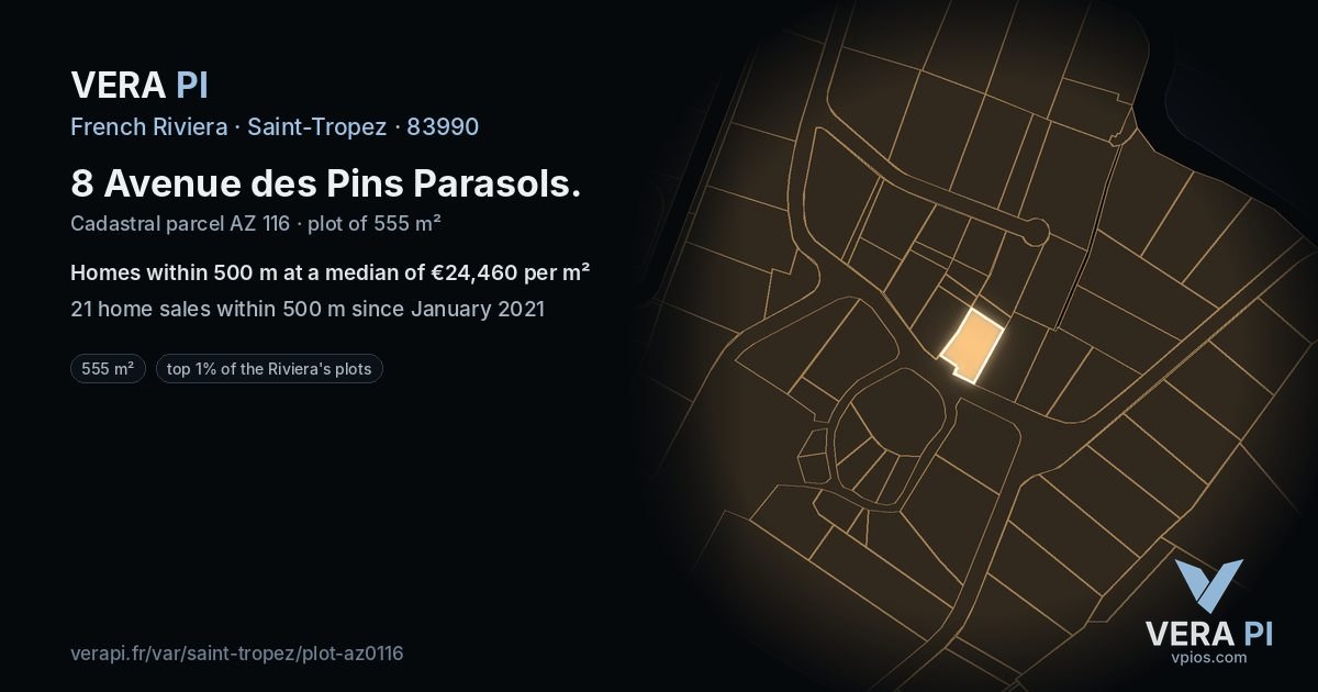 8 Avenue des Pins Parasols, Saint-Tropez at night – the plot lit, the parcels around coloured by the prices near them