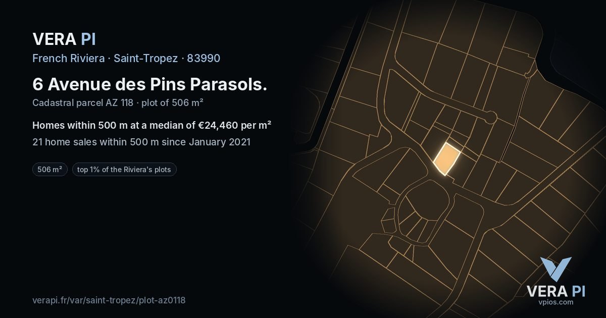 6 Avenue des Pins Parasols, Saint-Tropez at night – the plot lit, the parcels around coloured by the prices near them