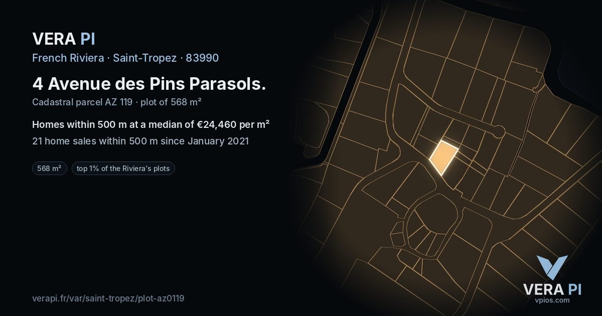 4 Avenue des Pins Parasols, Saint-Tropez at night – the plot lit, the parcels around coloured by the prices near them