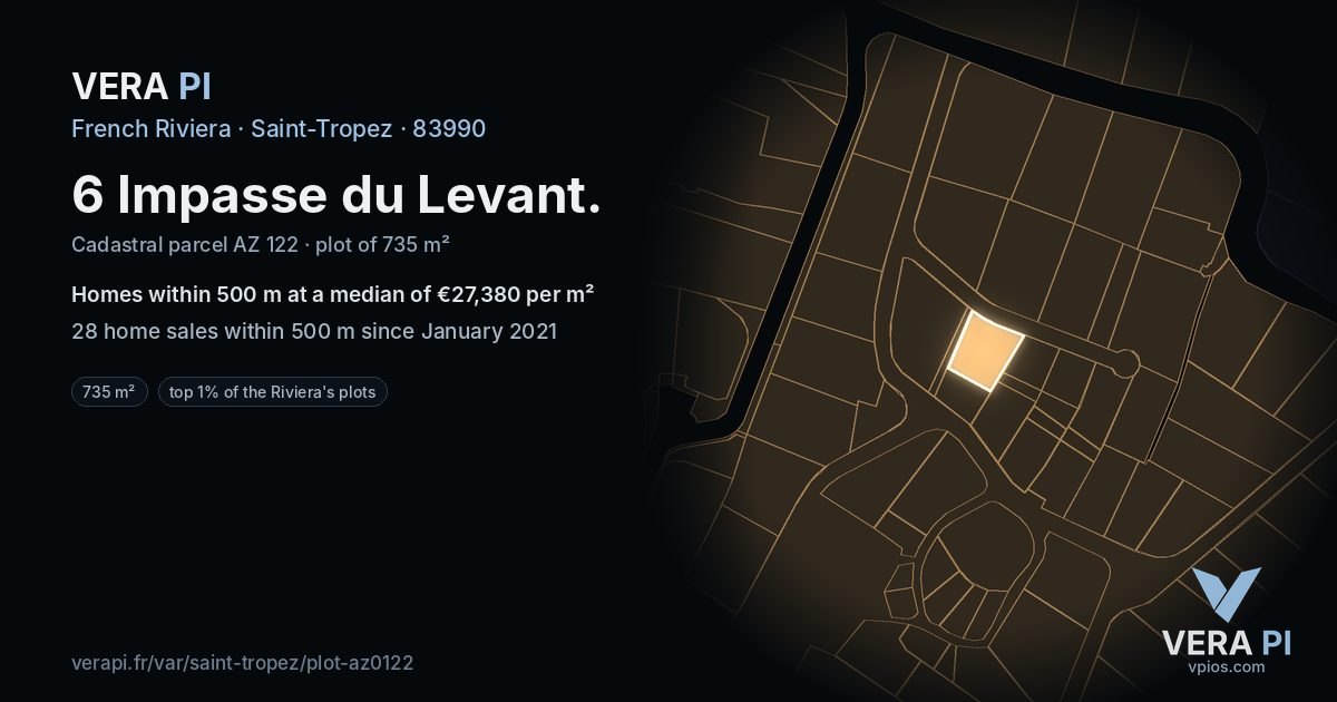 6 Impasse du Levant, Saint-Tropez at night – the plot lit, the parcels around coloured by the prices near them