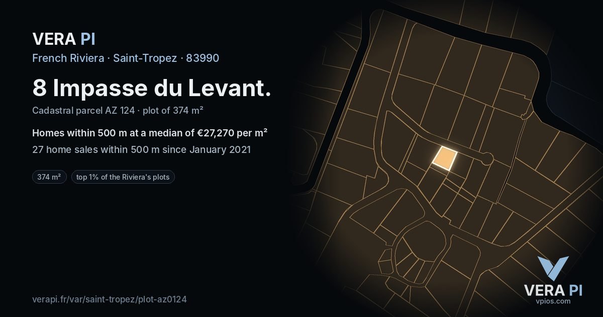 8 Impasse du Levant, Saint-Tropez at night – the plot lit, the parcels around coloured by the prices near them