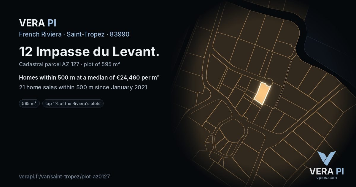 12 Impasse du Levant, Saint-Tropez at night – the plot lit, the parcels around coloured by the prices near them
