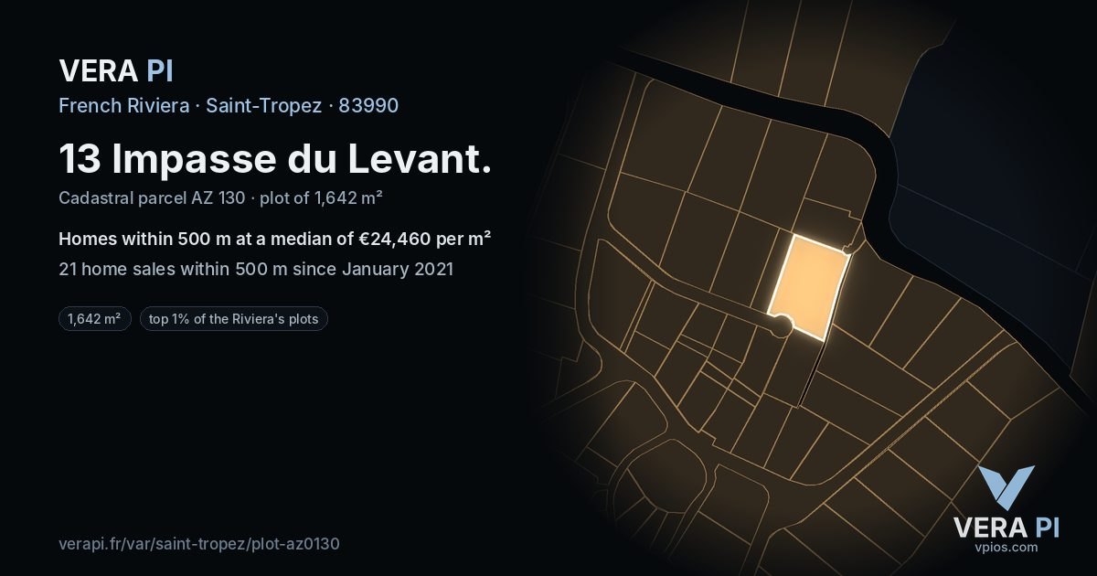 13 Impasse du Levant, Saint-Tropez at night – the plot lit, the parcels around coloured by the prices near them