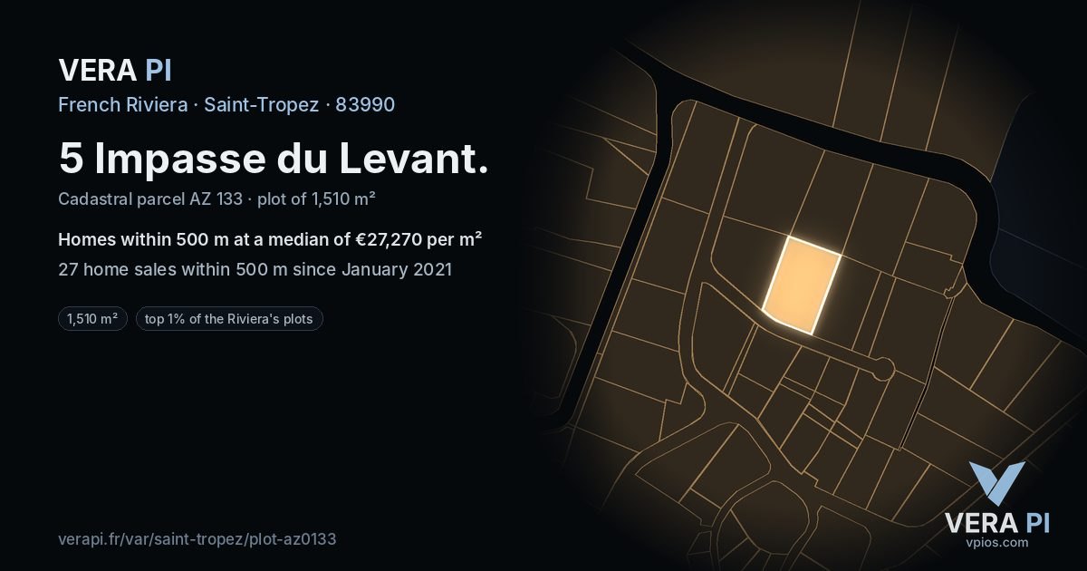 5 Impasse du Levant, Saint-Tropez at night – the plot lit, the parcels around coloured by the prices near them